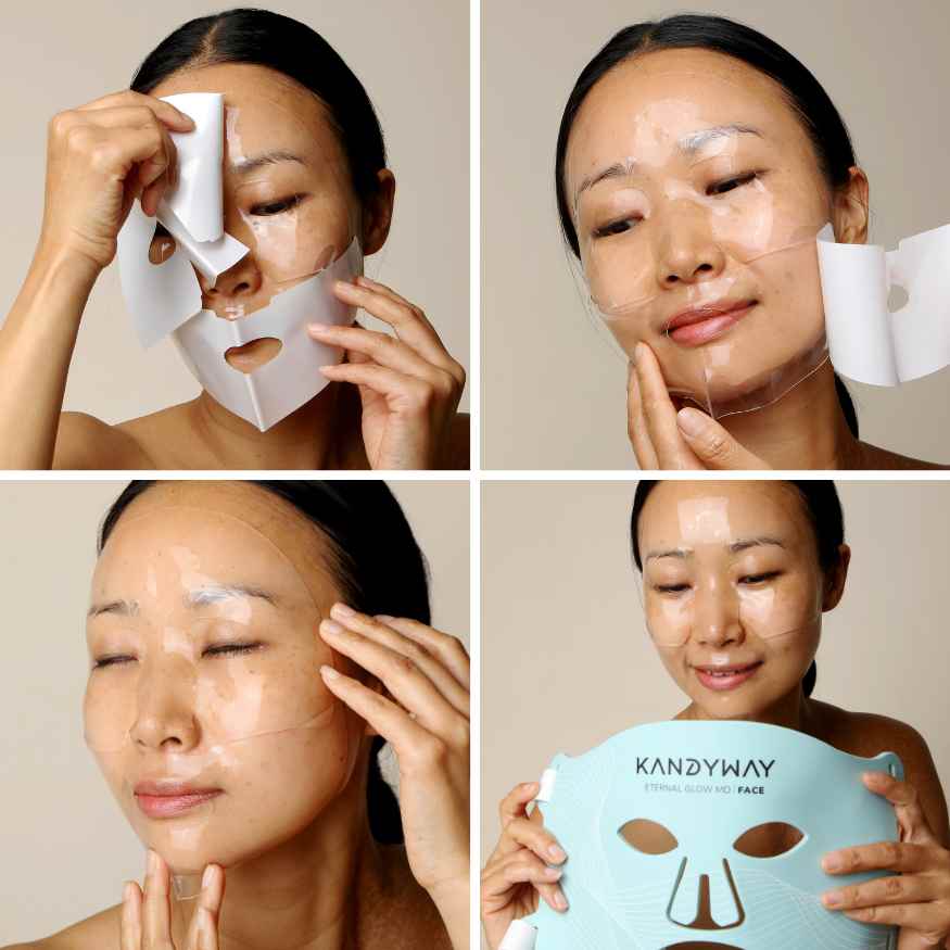 Step-by-step process of using a face mask with Kandyway product packaging.