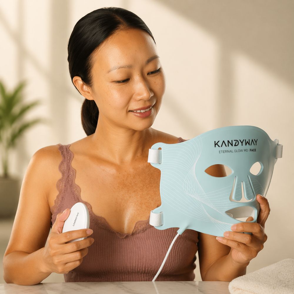 Woman holding a Kandyway facial mask device in a home setting